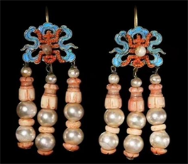 Pair of Chinese Gilded Silver Earrings with Blue Kingfisher Feathers  Pearls and Spinels  Michael Backman Ltd
