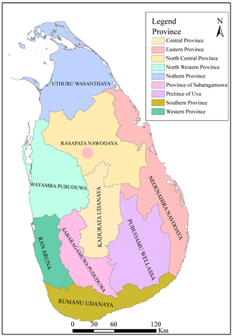 A map showing provinces and major cities in Sri Lanka
