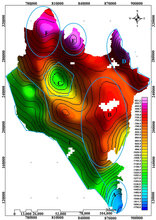 Bouger gravity anomaly contour map.